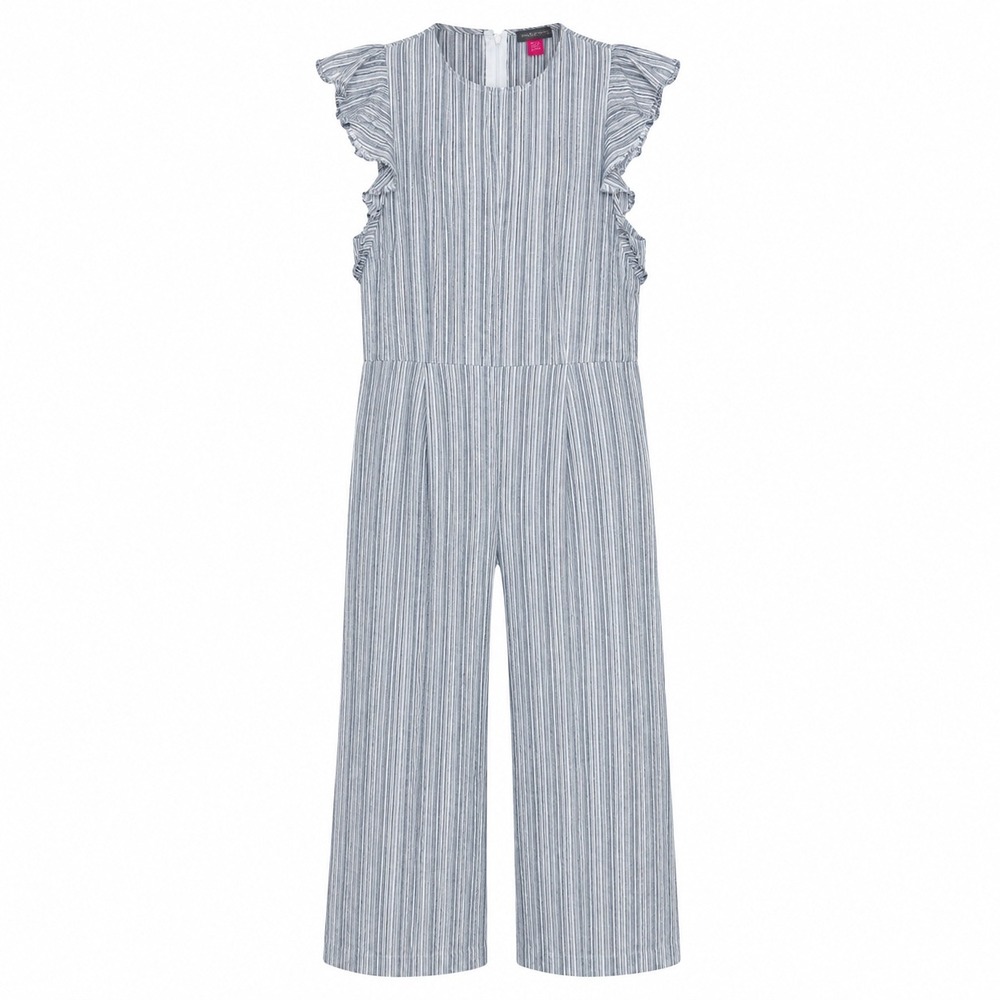 Vince Camuto Black White Striped Linen Blend Ruffle Wide Leg Jumpsuit Womens S